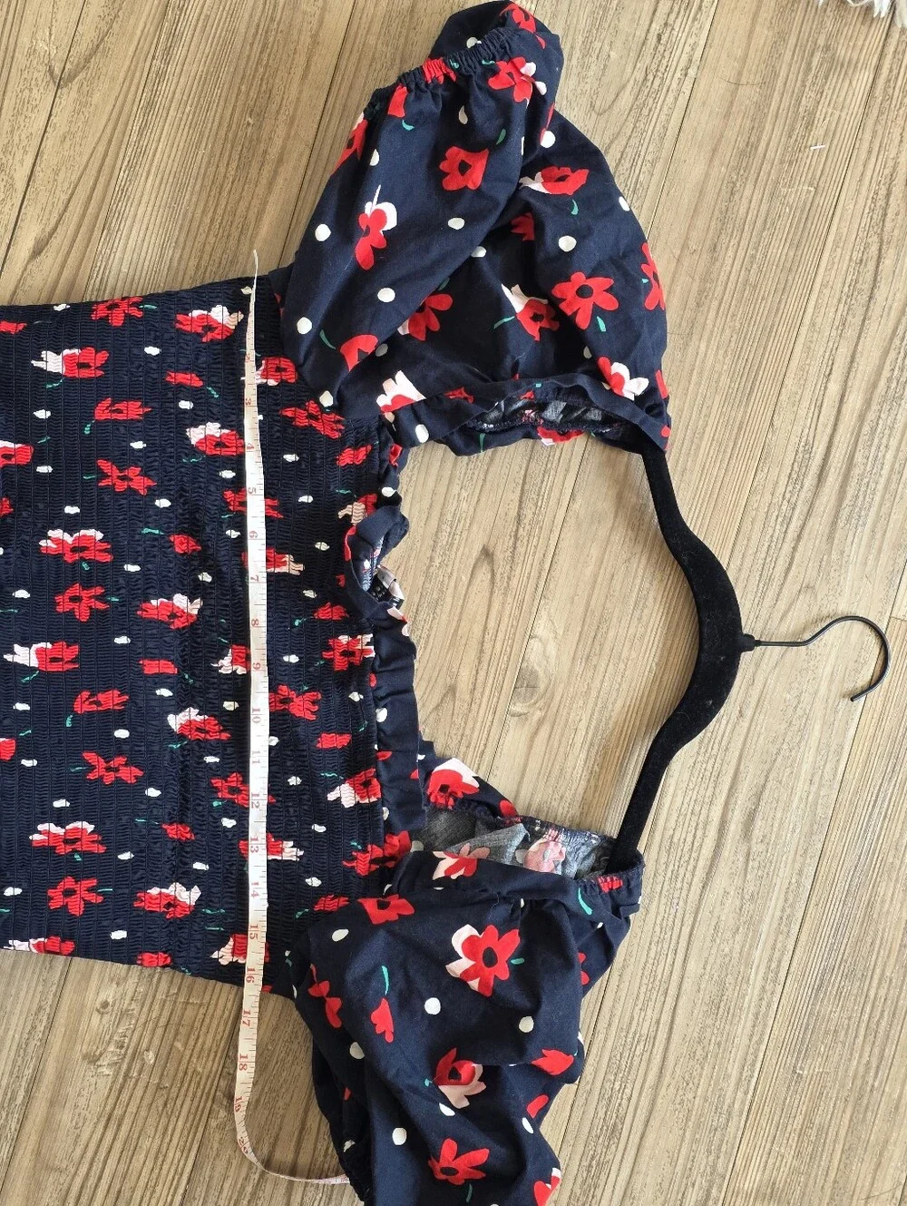 kate spade Navy Red Floral Puff-Sleeve Smocked Peplum Top